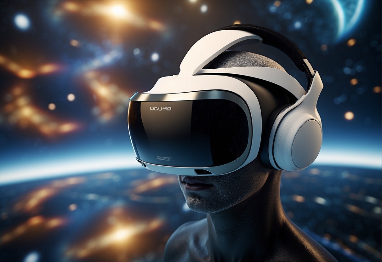 A virtual reality headset floating in a zero-gravity environment, displaying a detailed simulation of a futuristic space mission with planets and spacecraft