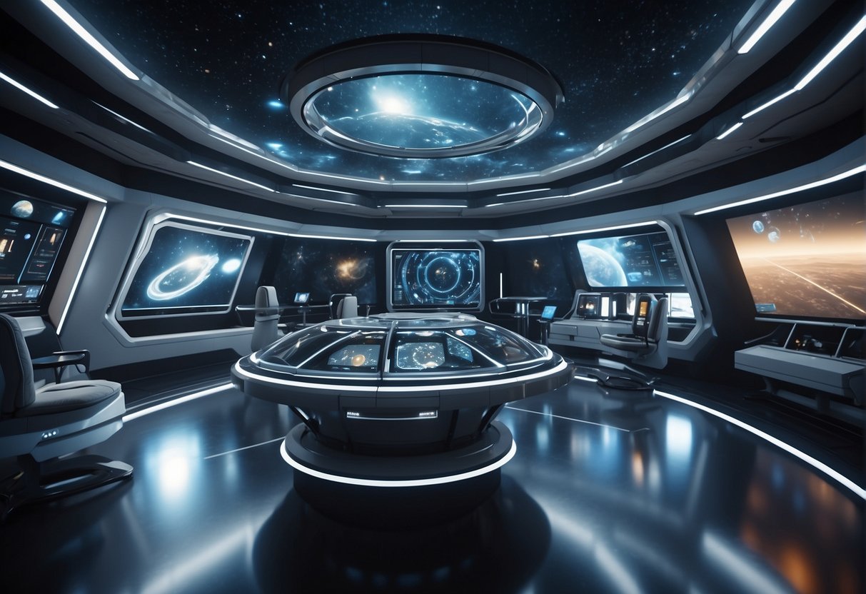 A futuristic space station with VR/AR equipment, astronauts interacting with holographic displays, and navigating virtual simulations