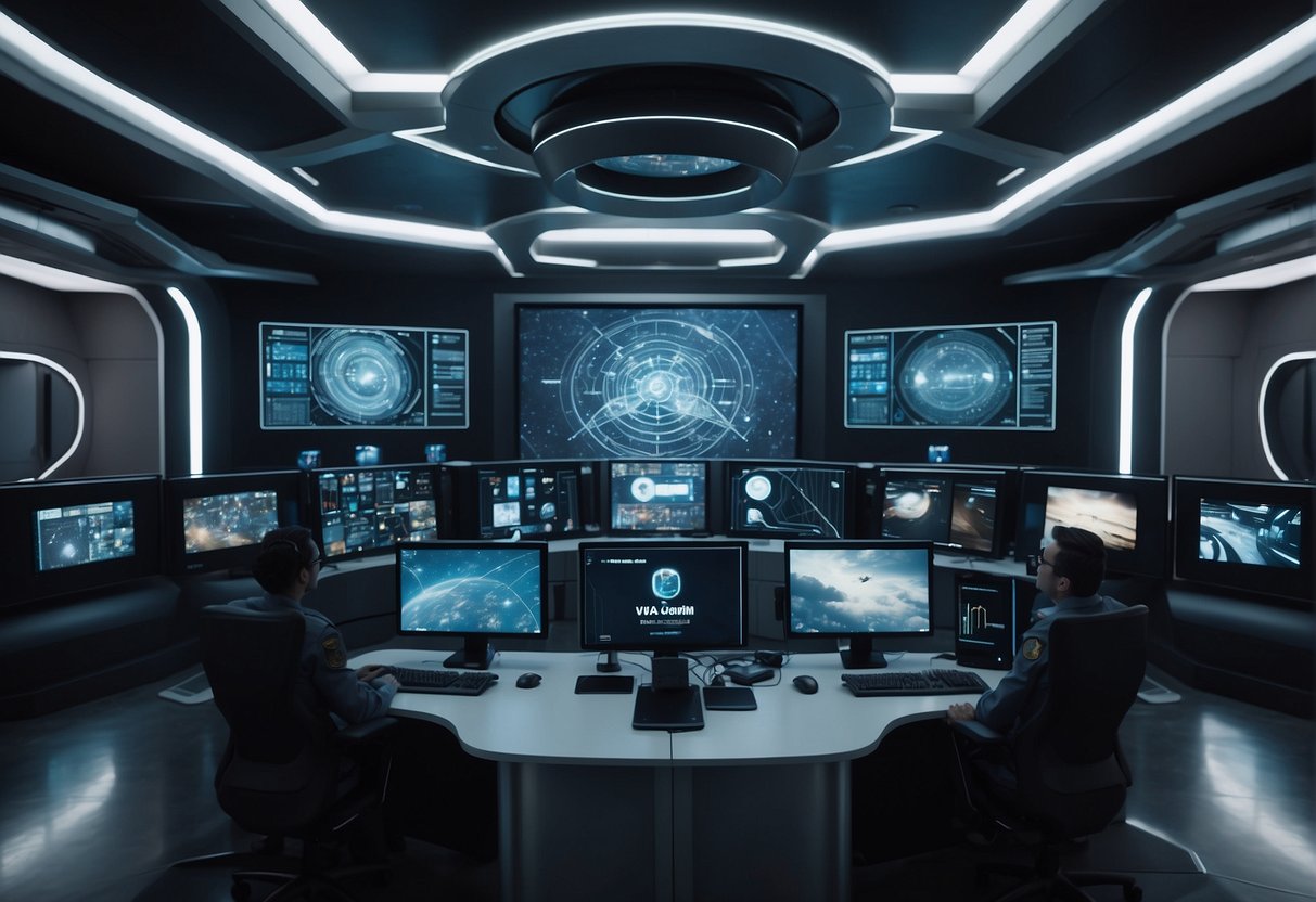 AI and AR/VR merge in a futuristic space mission control center, with holographic displays and immersive simulations