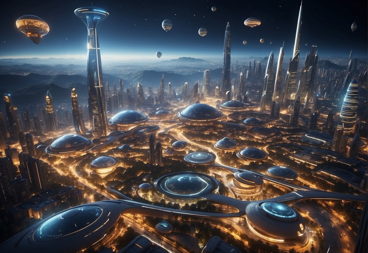 A bustling cityscape with futuristic spaceports and spacecraft, surrounded by diverse cultural landmarks and people interacting with advanced technology