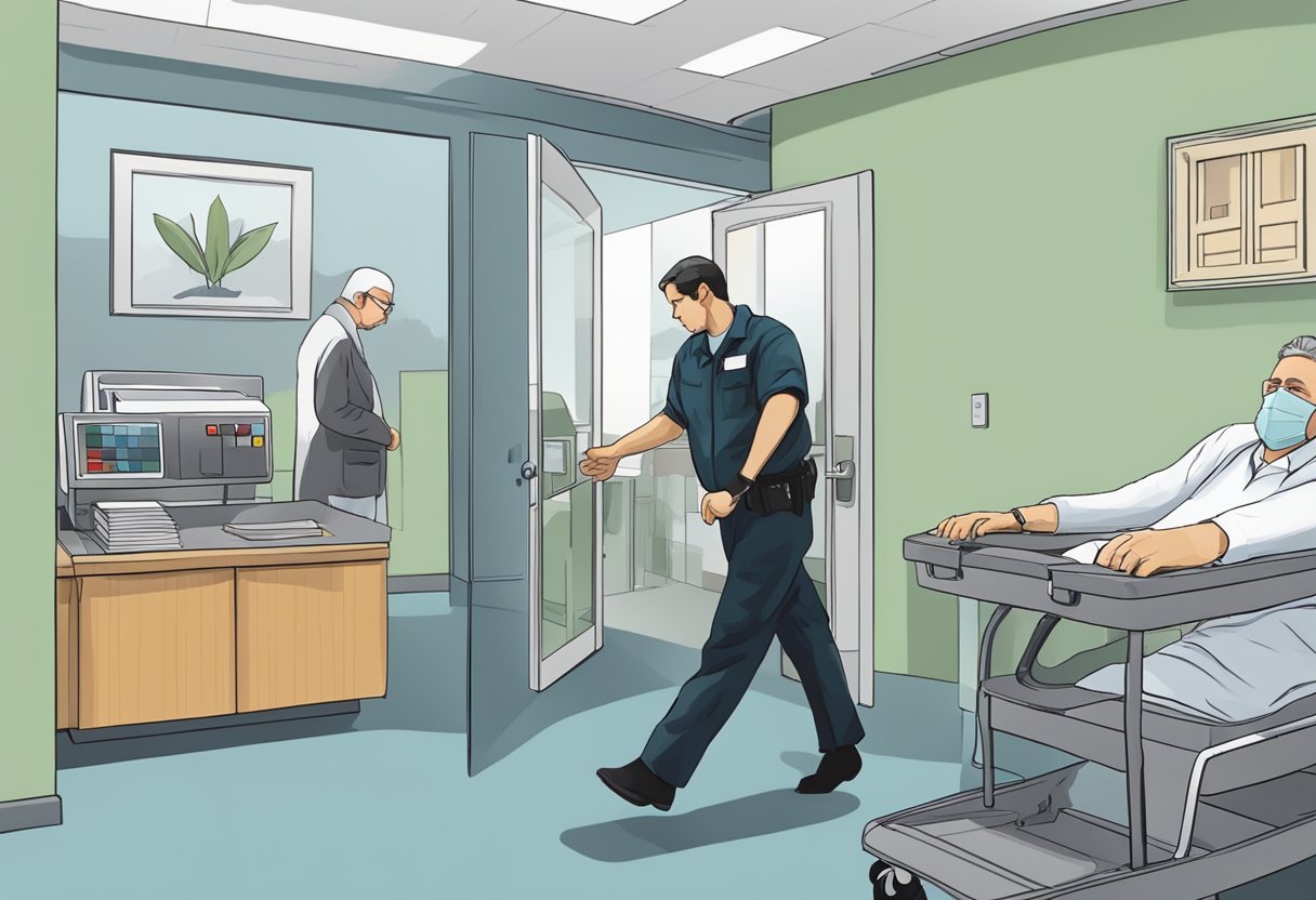 A person being escorted into a treatment facility against their will