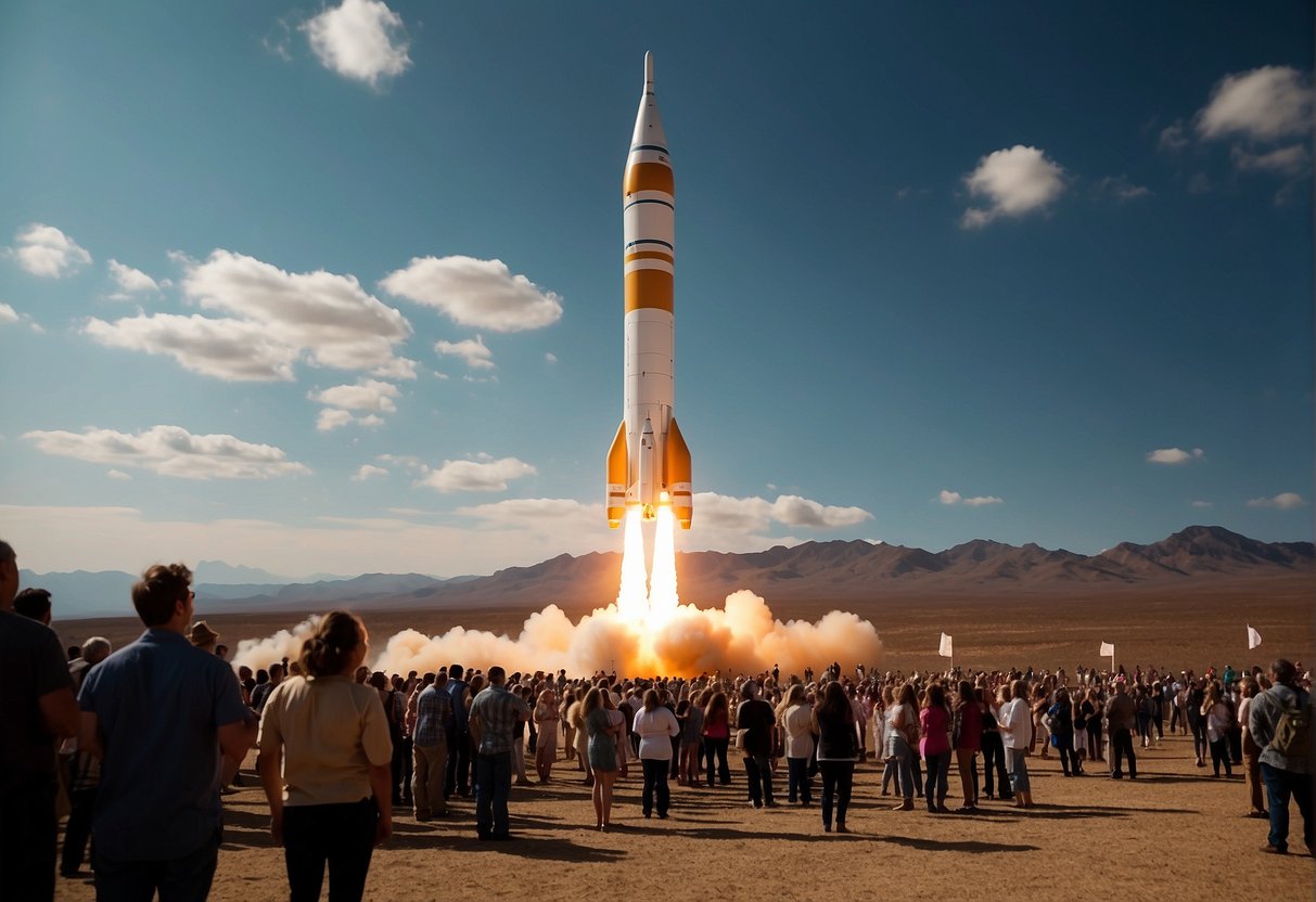 A rocket launches from Earth, carrying tourists into space. Spectators watch in awe as the spacecraft disappears into the vastness of the cosmos