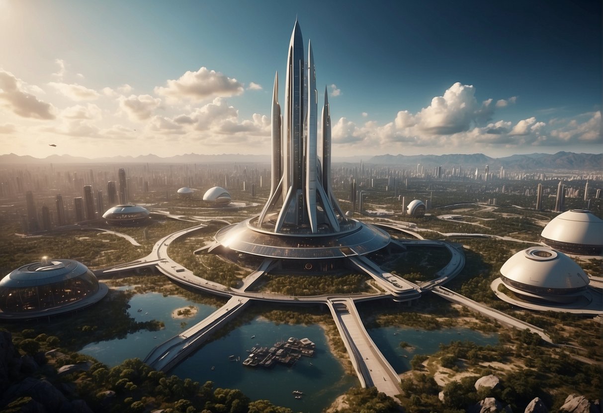 A futuristic spaceport with large rockets launching, surrounded by a polluted and overcrowded city, with cultural landmarks in the background