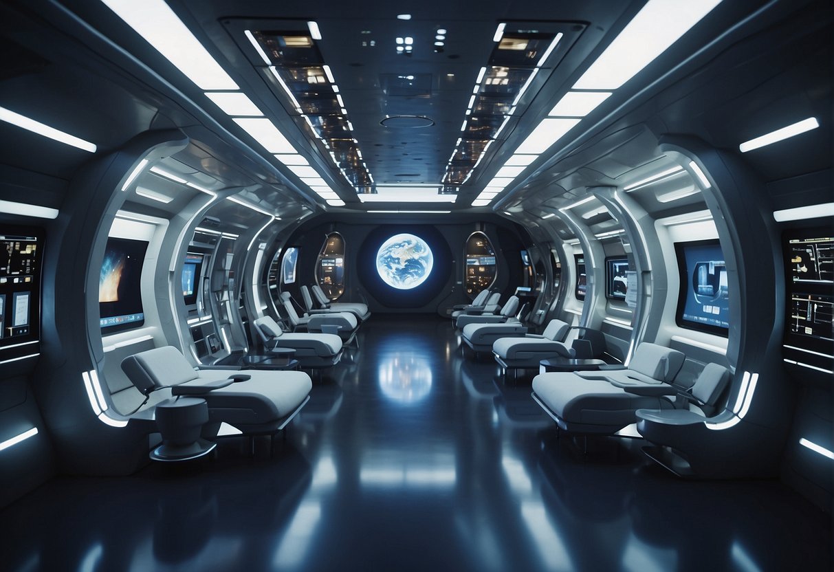 A futuristic space station with medical facilities and cultural exhibits, showcasing the impact of space tourism on society