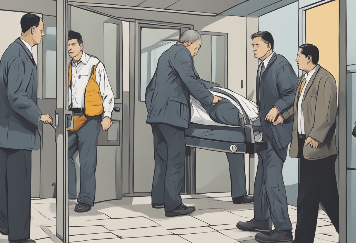 A person being forcefully taken into a facility by two individuals, with a distressed expression and surroundings of authority figures