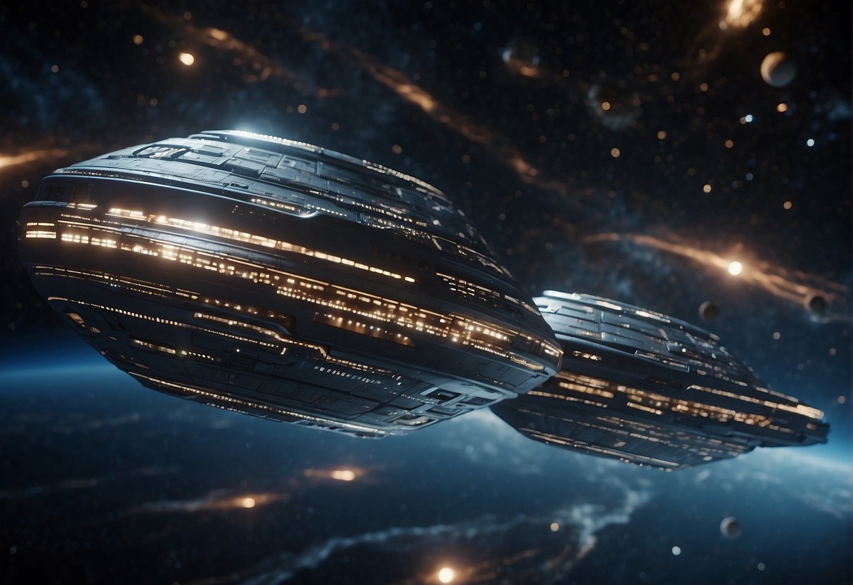 Interstellar ships exchanging encrypted data through advanced communication devices, overcoming vast distances