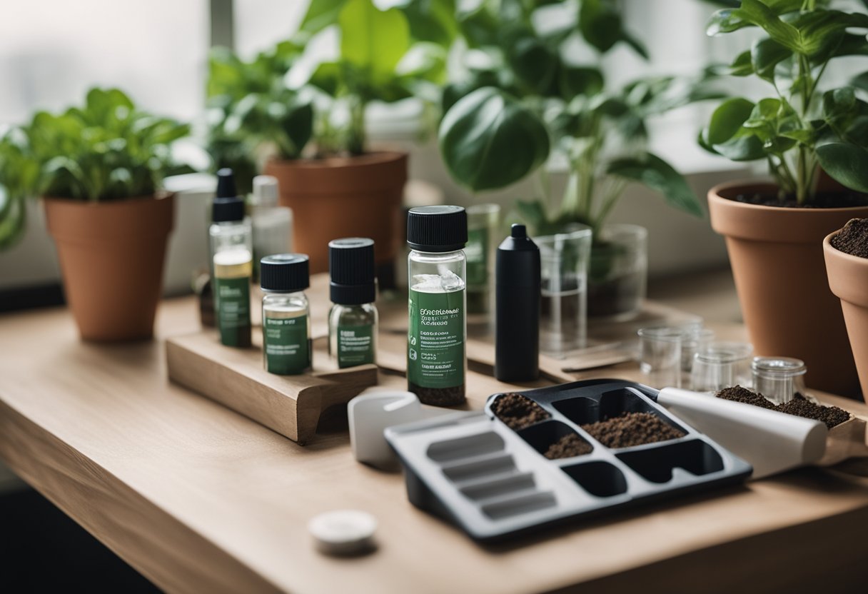 A soil testing kit sits on a table next to potted plants. The kit includes test tubes, a soil probe, and instructions. A lush garden is visible through a nearby window