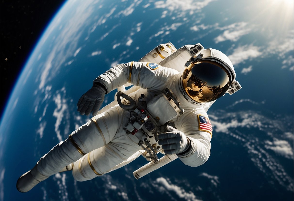 A female astronaut floats gracefully above Earth, surrounded by the vastness of space. The Earth looms in the background, a beautiful blue and green orb against the darkness