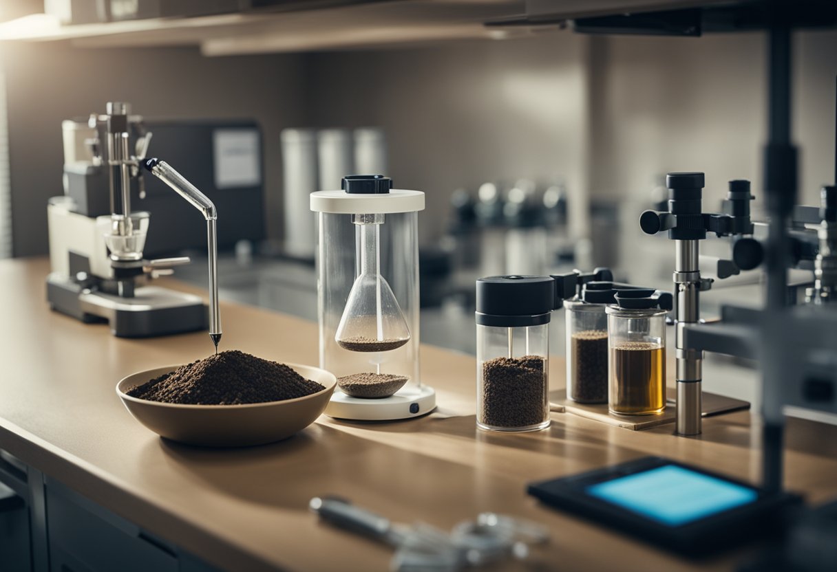 A soil sample being collected and tested in a laboratory setting, with various equipment and tools for analysis