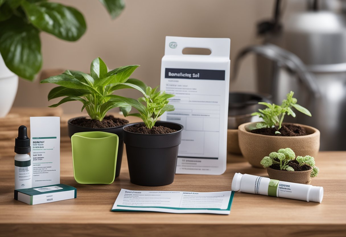 A soil testing kit sits on a table next to a potted plant. The kit includes testing tubes, soil samples, and a booklet with instructions. A banner reads "Benefits of Regular Soil Testing - Don't Guess, Test!"