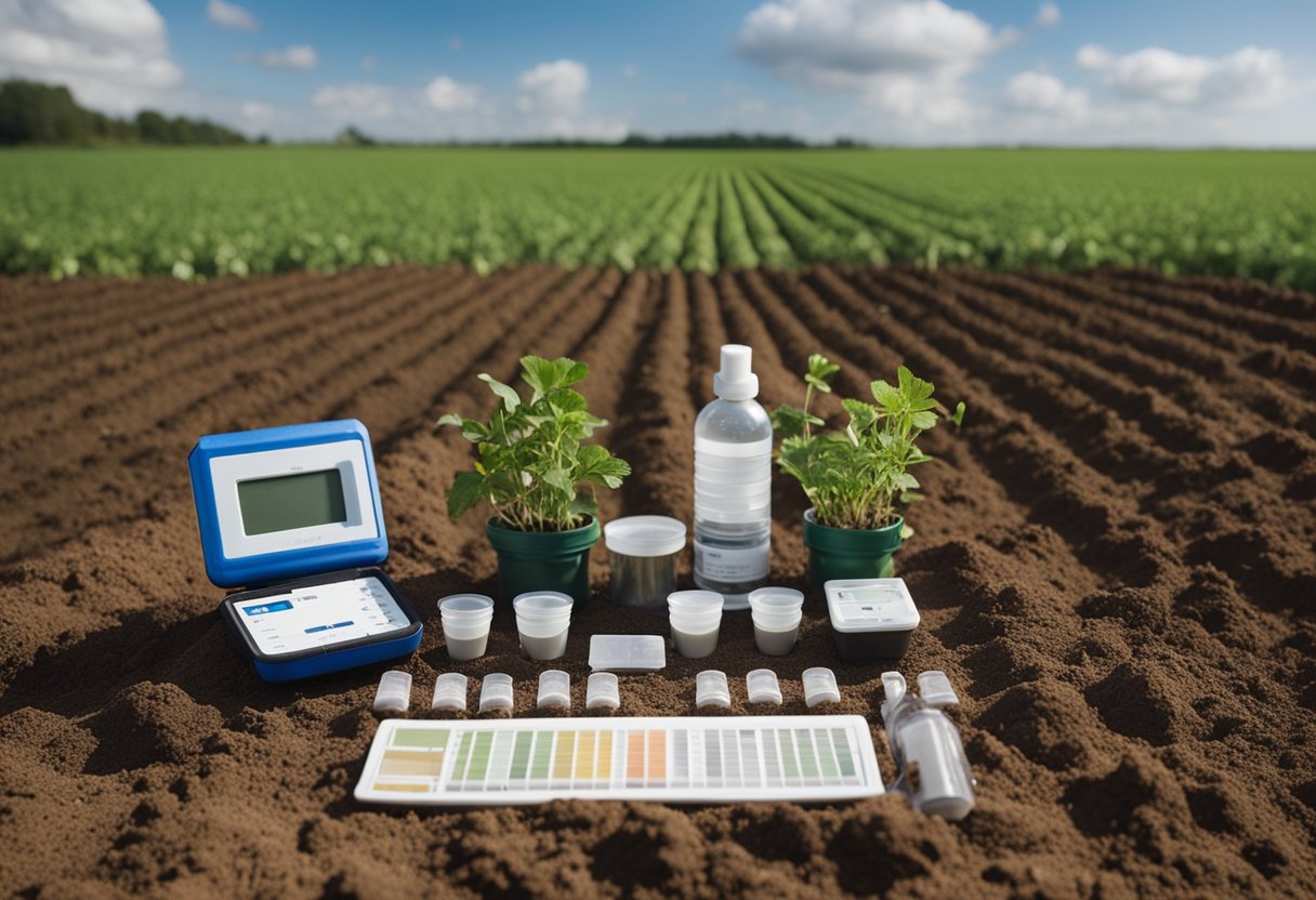 A farmer collects soil samples from different areas of the field. A soil testing kit and tools are spread out on a table nearby. The farmer carefully follows the instructions to test the soil's pH, nutrient levels, and composition