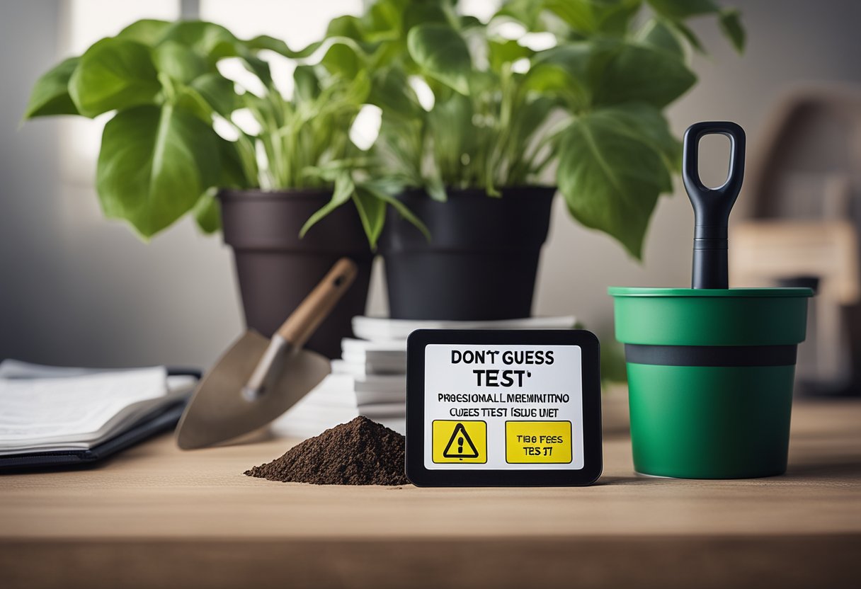 A soil testing kit sits on a table next to a potted plant and a shovel, with a sign reading "Don't Guess, Test!" in the background