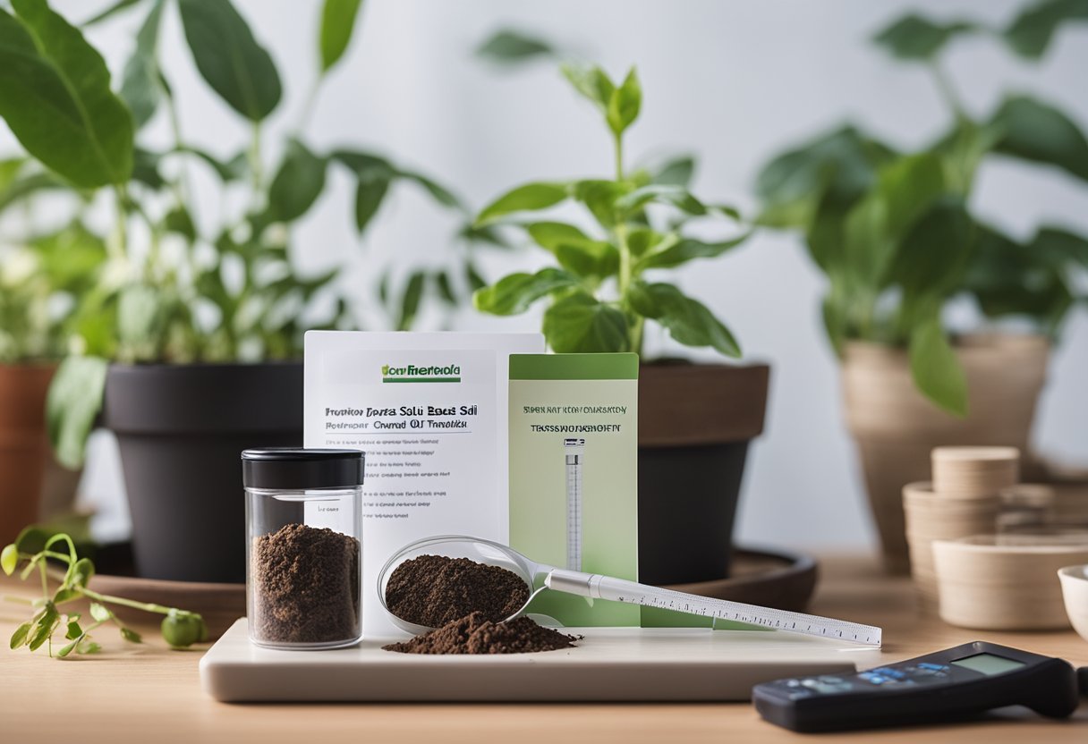 A soil testing kit sits open on a table next to a healthy potted plant. A chart displaying test results and the words "Improving Soil Quality Based on Test Results" are visible in the background