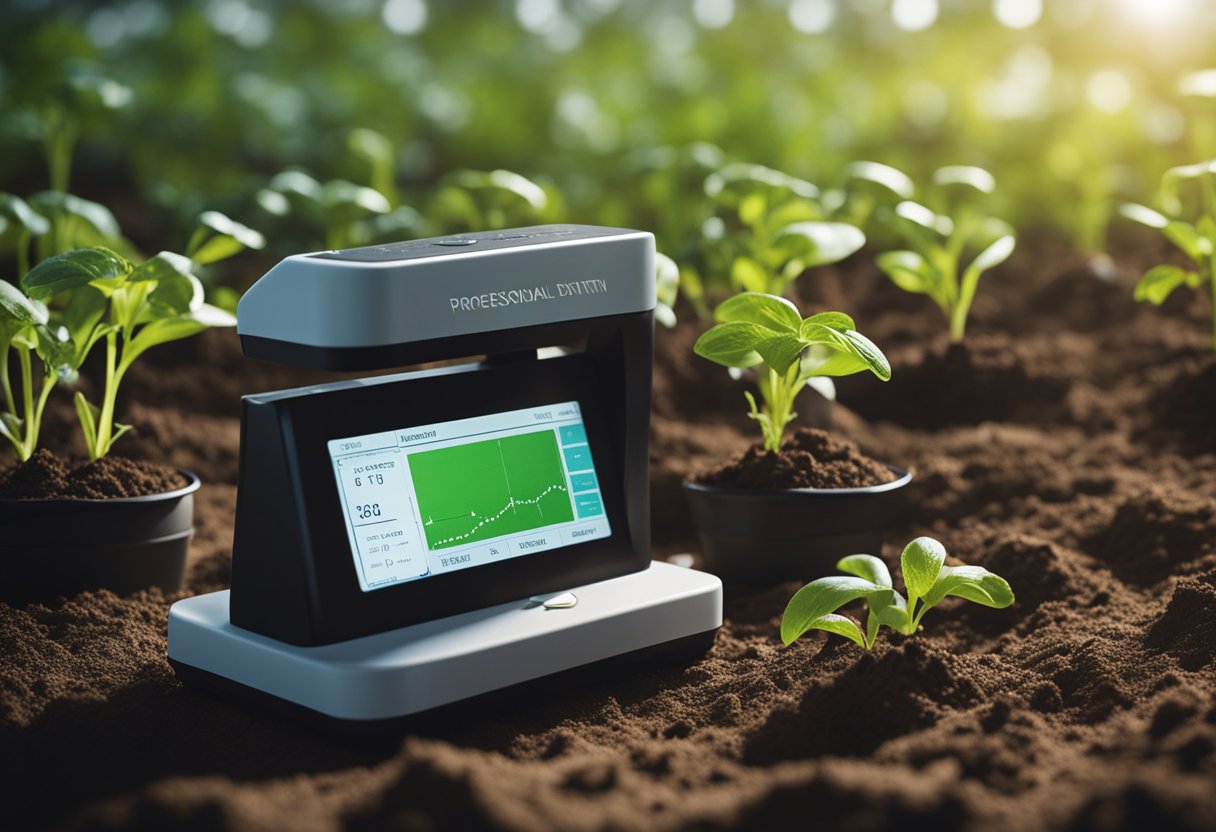 A futuristic soil testing device scans soil with precision. Data is analyzed on a digital display, ensuring optimal plant growth