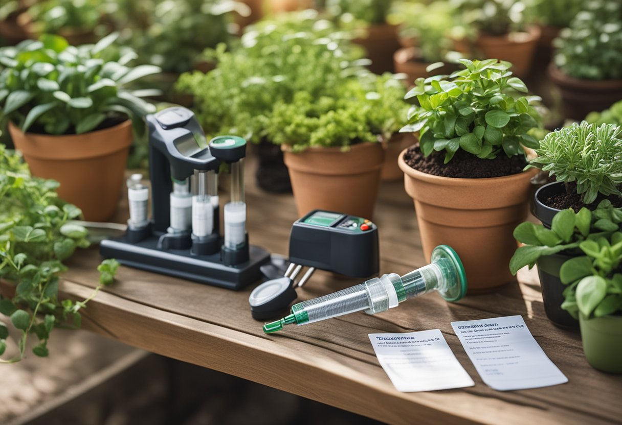 A soil testing kit sits on a garden table, surrounded by potted plants and gardening tools. A sign reads "Frequently Asked Questions Don't Guess, Test! Why Soil Testing is Essential for Your Plants' Success"