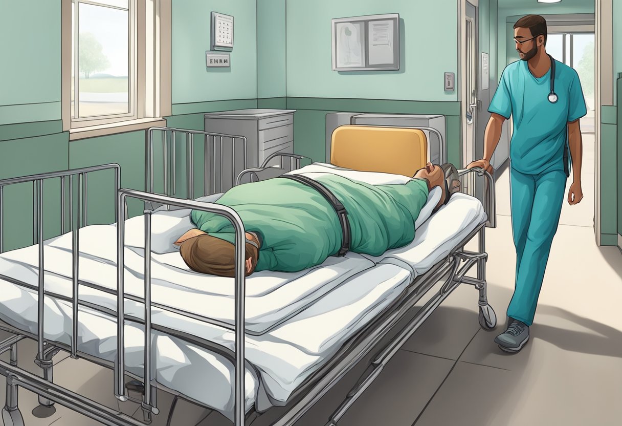 A person being restrained in a psychiatric ward against their will, with a focus on the violation of human rights and ethical considerations