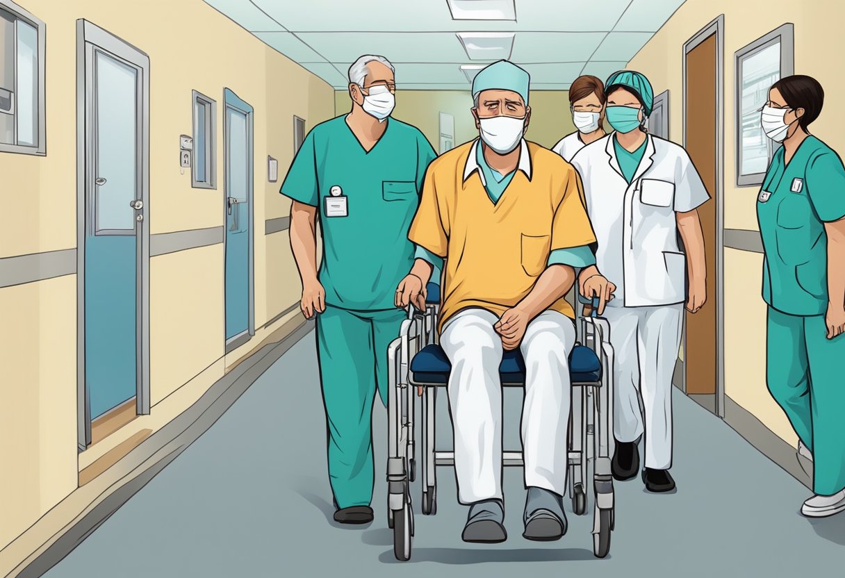 A patient being escorted into a psychiatric ward by medical staff