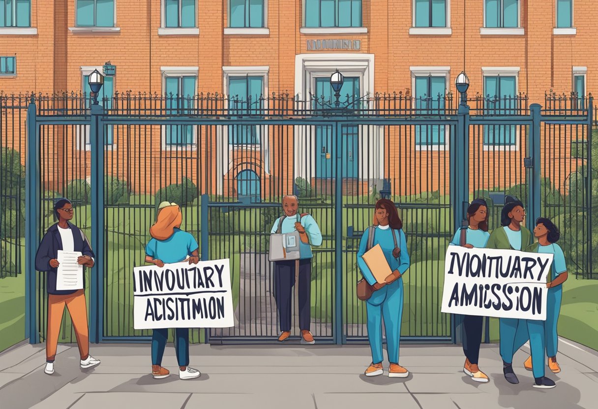 A psychiatric hospital with locked gates, a sign reading "Involuntary Psychiatric Admission," and a group of people protesting outside