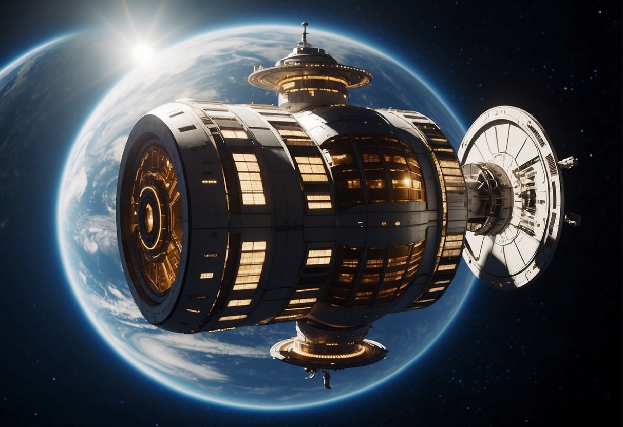 A space station orbits Earth, showcasing advanced technology and research facilities. In the background, a spacecraft is being prepared for a mission to Mars