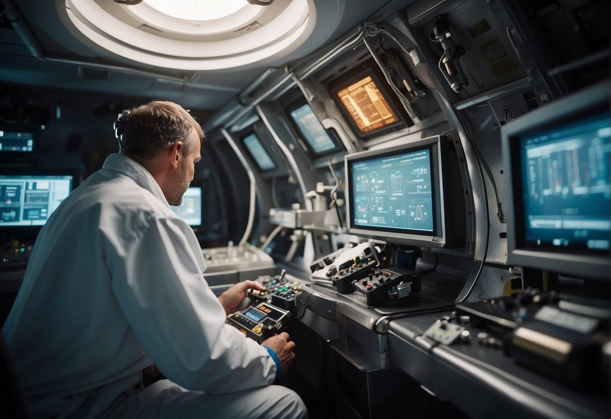 Scientists and engineers testing equipment and conducting experiments in a space station to simulate the harsh conditions of the Martian environment