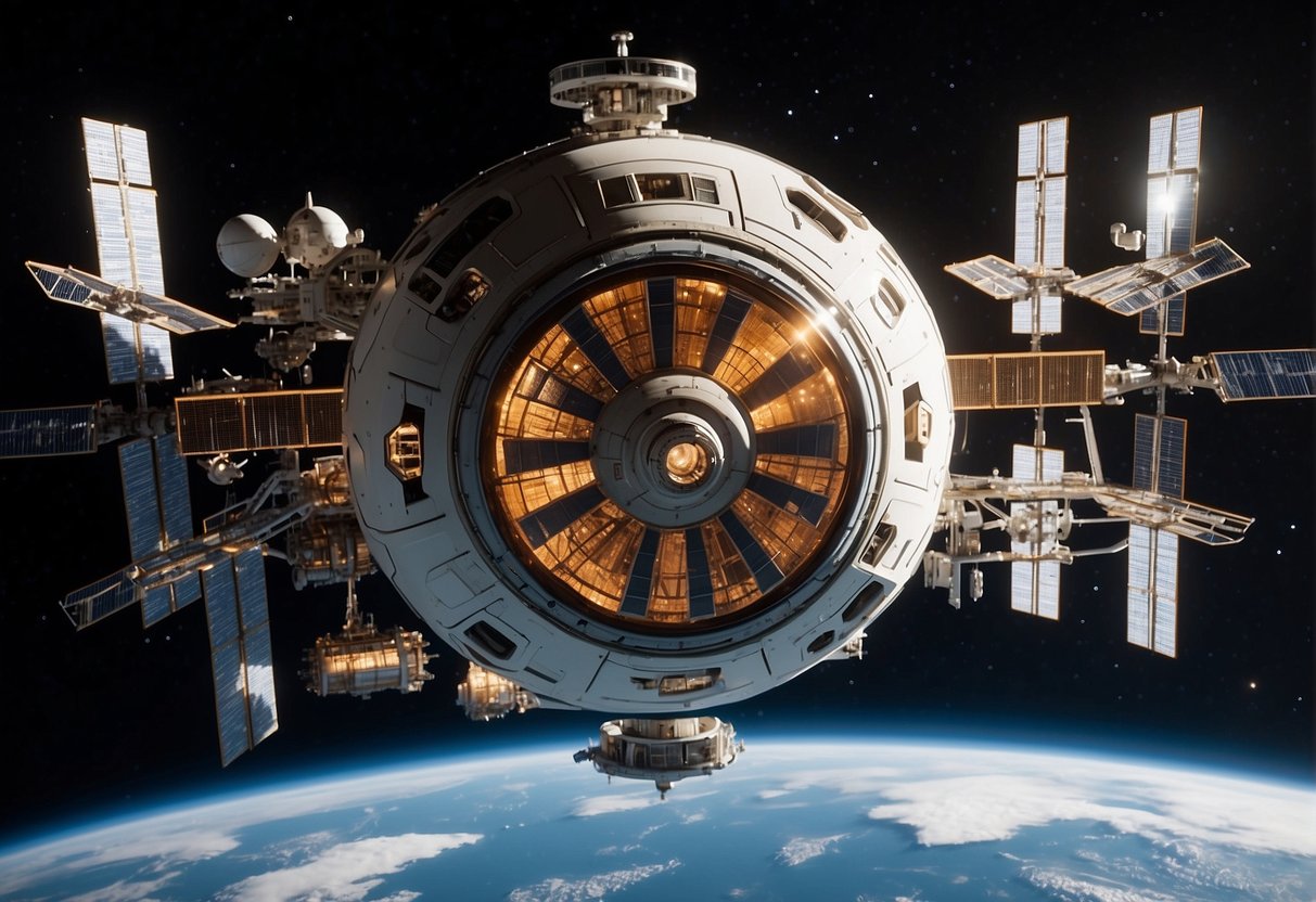 A space station orbits Earth, serving as a hub for research and preparation for Mars colonization. Rockets and spacecraft dock for supplies and crew training