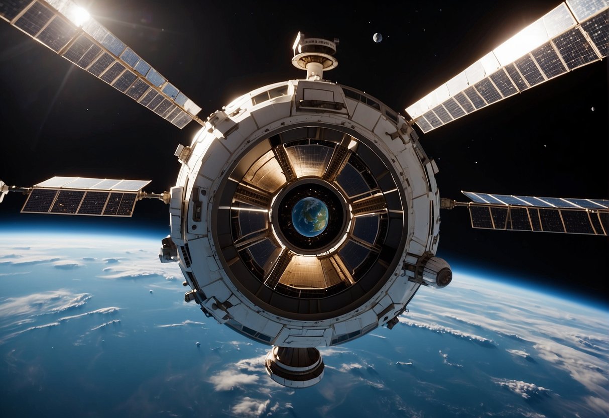 A space station orbits Earth, serving as a hub for research and preparation for Mars colonization. Various modules and solar panels dot the exterior, while astronauts conduct experiments inside