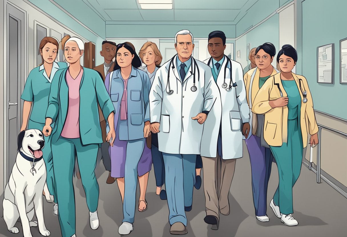 A person being escorted into a psychiatric facility against their will, surrounded by concerned family members and medical professionals