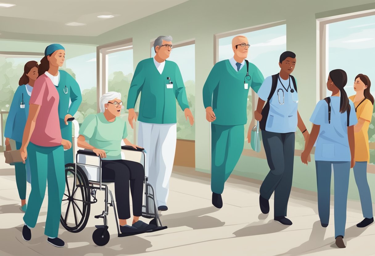 Internação involuntária como proceder? Situações de Emergência Psiquiátrica 1 A patient being escorted into a psychiatric hospital by medical staff, surrounded by concerned family members