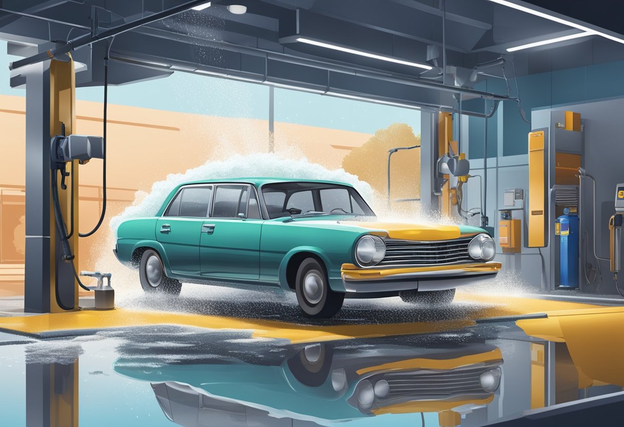 A car sits in a car wash bay, surrounded by suds and water. A mechanical arm applies wax to the vehicle's exterior, leaving a glossy finish