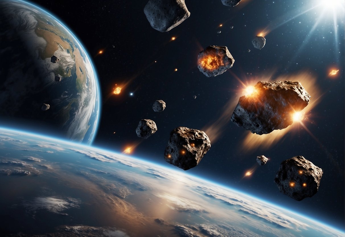 Asteroids hurtling towards Earth, scientists studying impact prevention methods, telescopes scanning the skies for potential threats