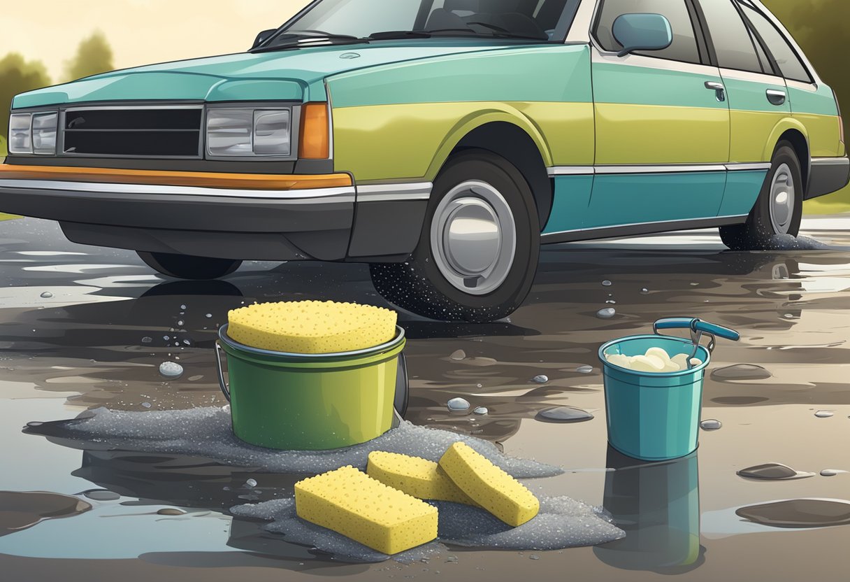 A bucket filled with water, soap, and a sponge next to a car with dirt and grime