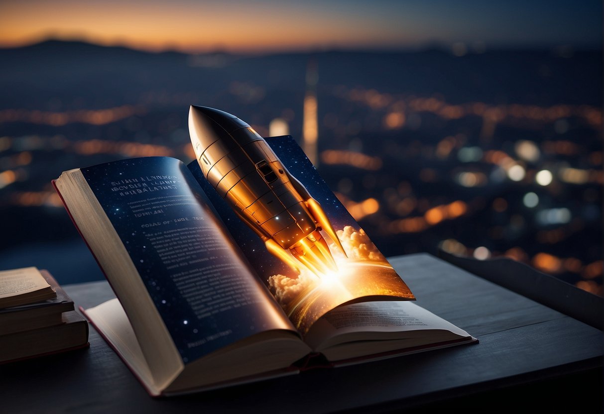 Space Narratives in Literature and Film : 
 A rocket launches into the starry expanse, while a futuristic cityscape glows in the distance. A book and film reel symbolize the evolution of space narratives