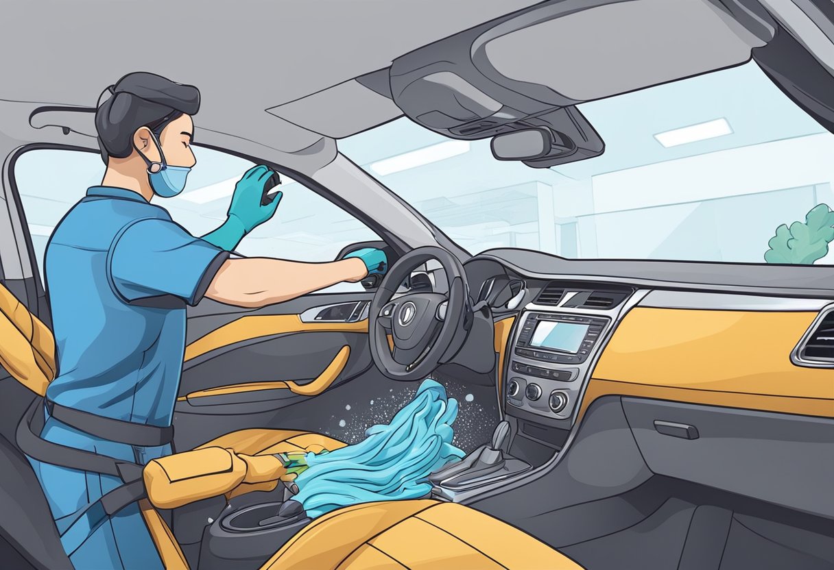 A person uses car wash vacuum to clean car interior