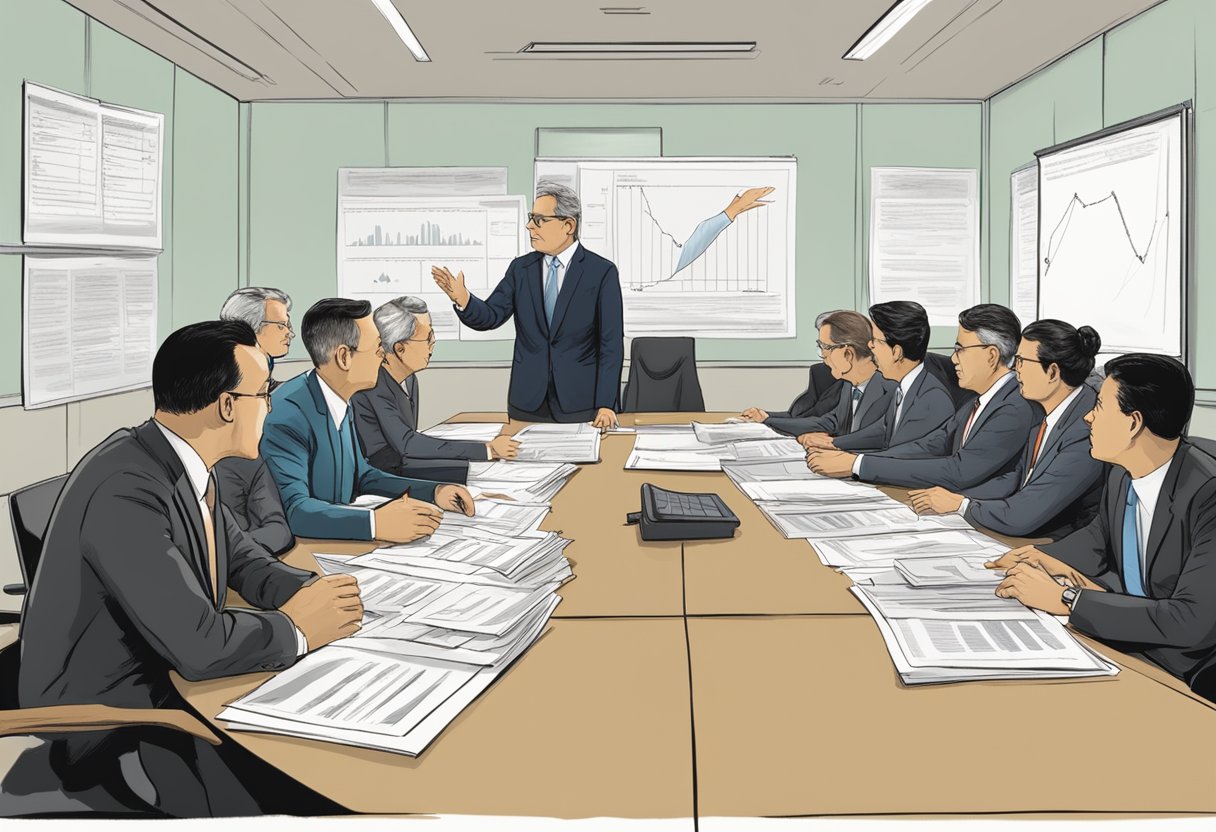 A group of officials discussing involuntary internment legislation, with charts and documents spread across a conference table