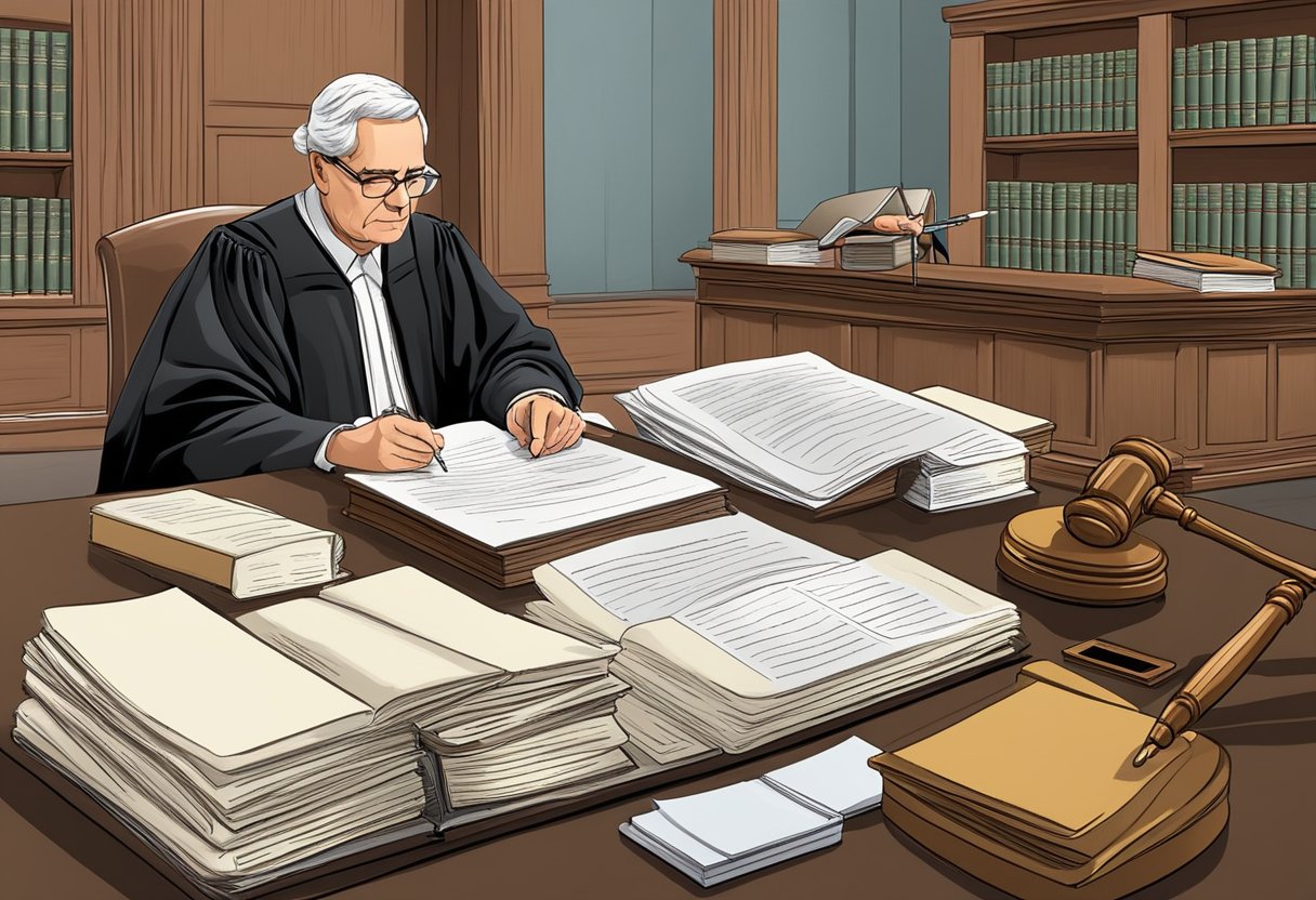 A judge signing a legal document for involuntary hospitalization, with relevant legislation books in the background