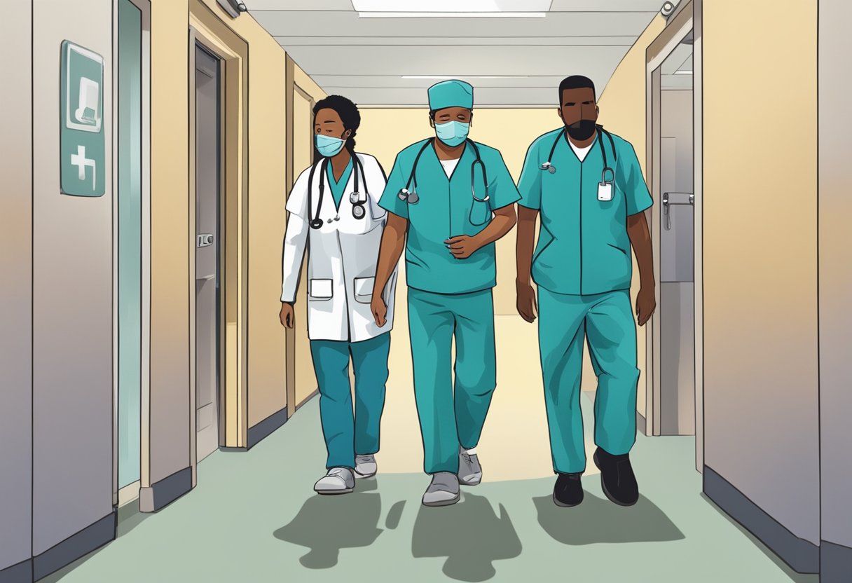 A person being escorted into a medical facility by two individuals. The person appears distressed and is being admitted involuntarily