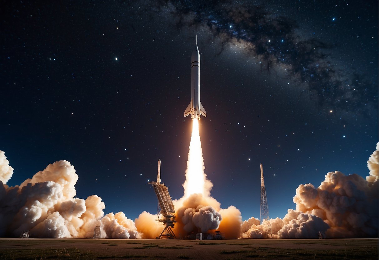 A rocket launches from Earth, heading towards the vast expanse of space. Satellites and telescopes orbit, capturing images of distant galaxies and celestial bodies