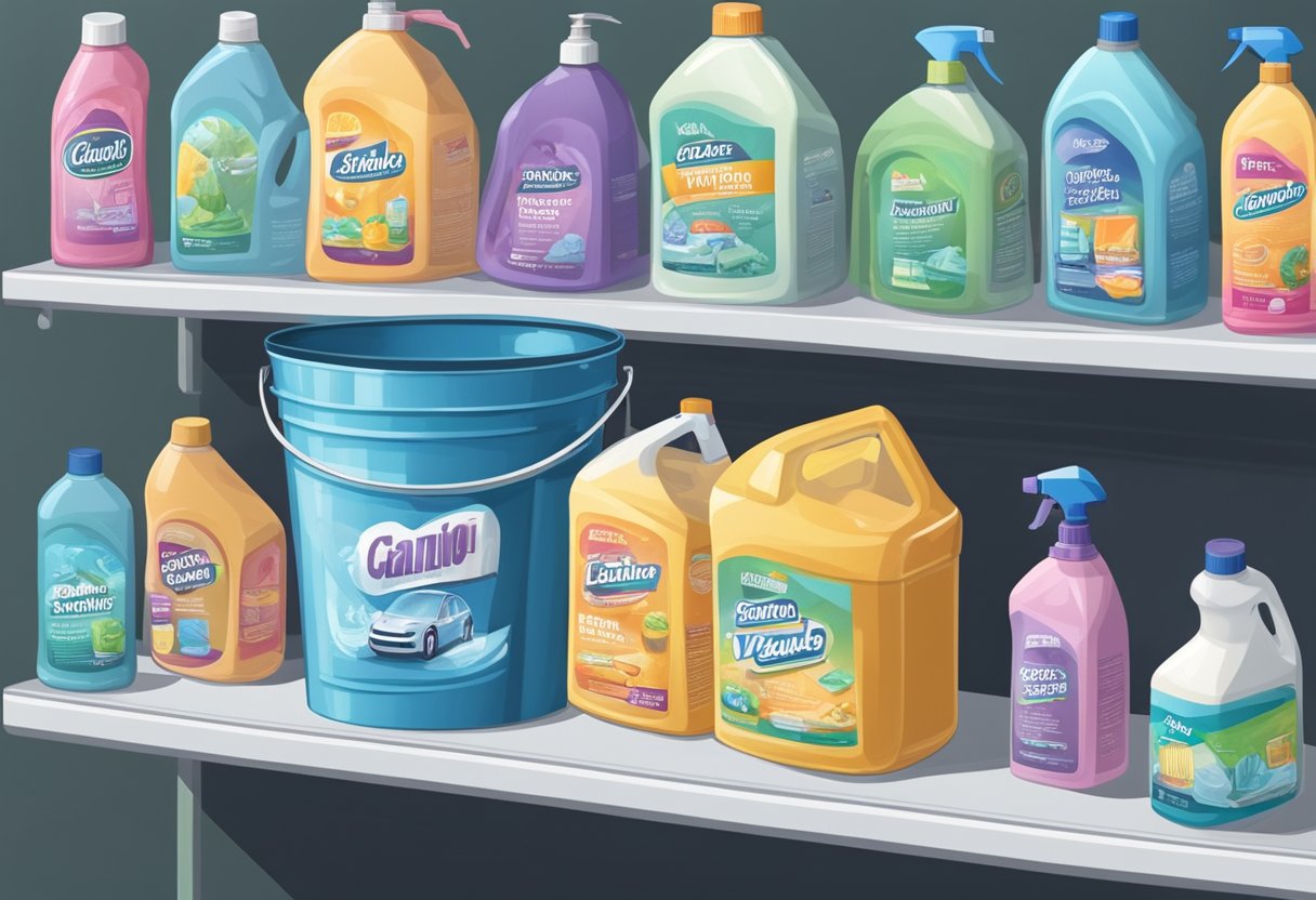 A bucket of car wash soap sits on a garage shelf, surrounded by cleaning supplies. Labels indicate its composition and expiration date