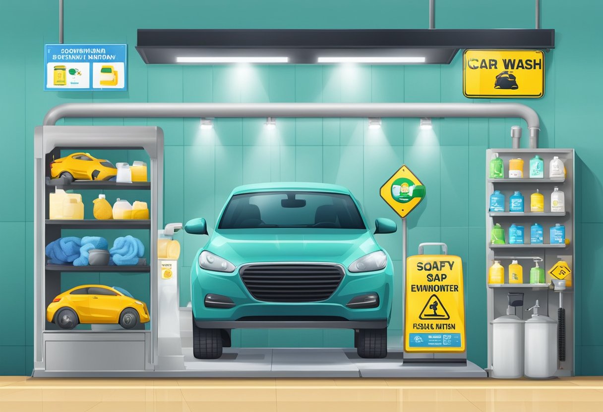 A car wash soap container sits on a shelf, surrounded by safety signs and environmental protection equipment