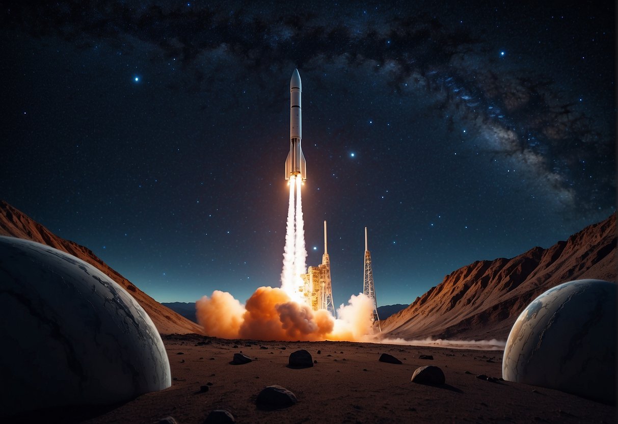 A rocket launches into the starry night sky, with planets and galaxies in the background, symbolizing the emerging players in the space sector and the next big thing in space exploration