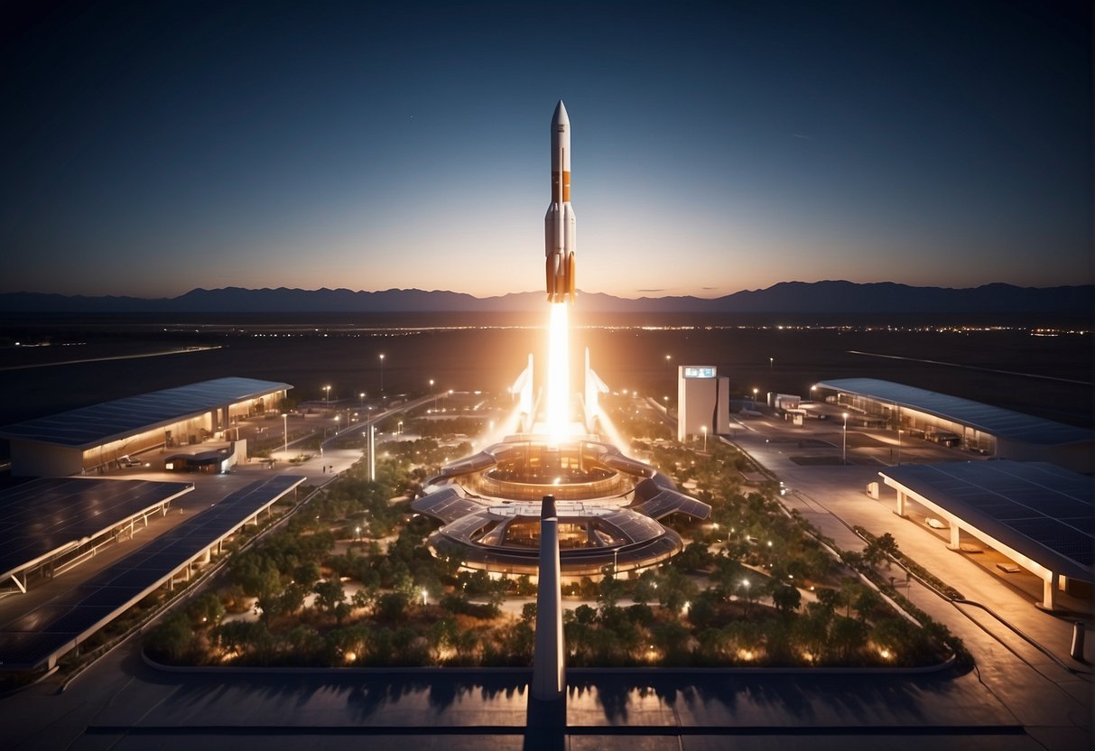 A rocket launching from a futuristic spaceport, surrounded by solar panels and recycling facilities, with experts discussing sustainable space exploration