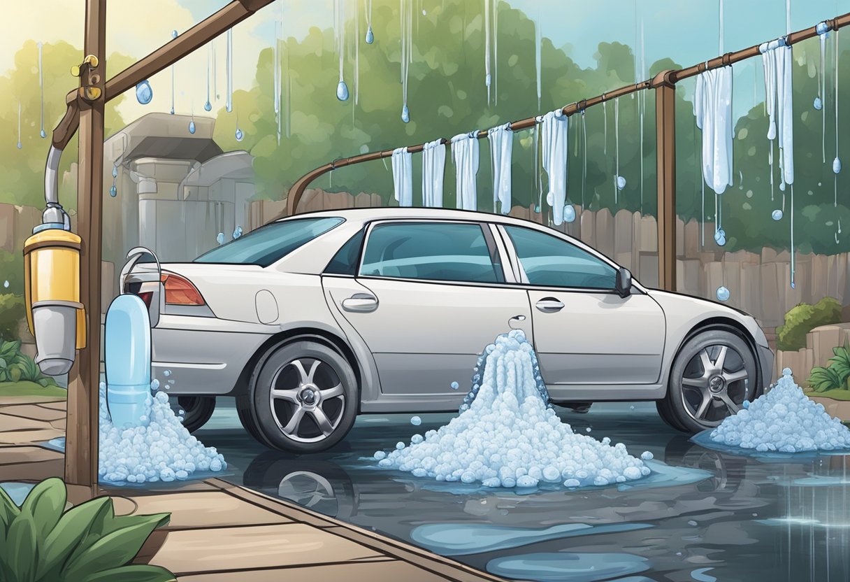 A soapy car wash mitt is being rinsed under a stream of water, with different types of mitts displayed nearby