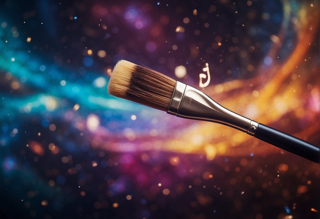 Zero-Gravity Creativity A paintbrush floats in space, swirling vibrant colors onto a canvas. Nearby, musical notes dance in the air, creating a symphony of celestial inspiration