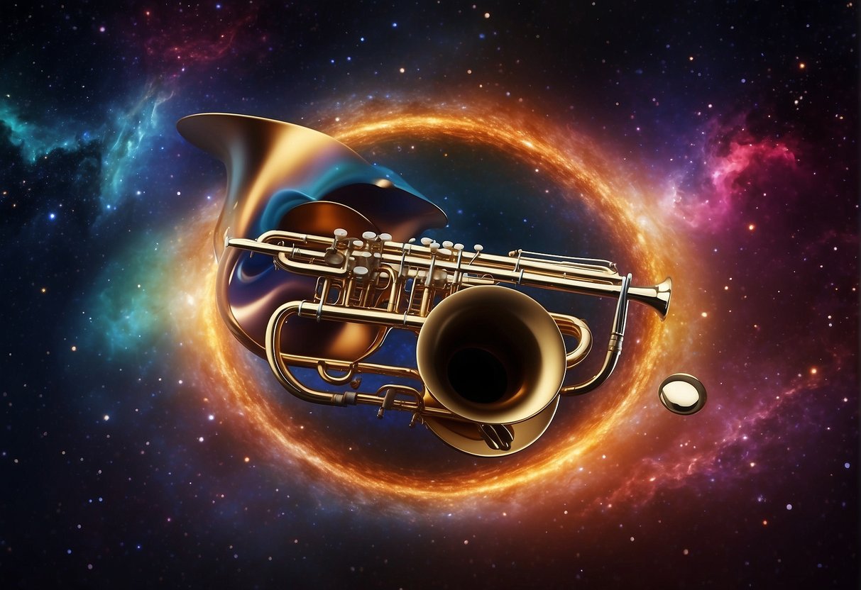 Musical instruments float in a cosmic dance, surrounded by celestial bodies and colorful nebulae. Sound waves ripple through the weightless environment, creating a symphony of space-inspired music