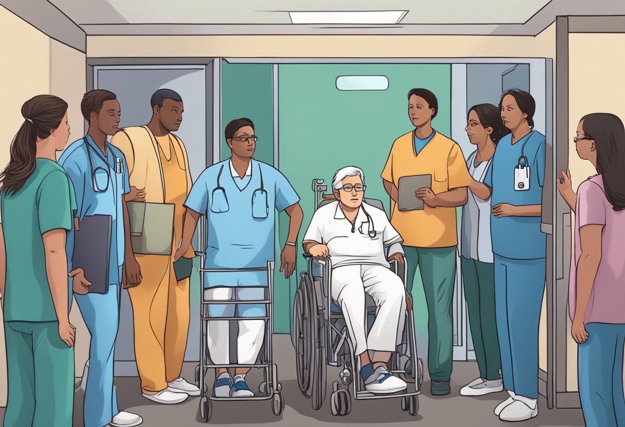 Internação Psiquiátrica Involuntária: Como Proceder em Casos de Emergência 1 A person being escorted into a psychiatric facility against their will, surrounded by concerned family members and medical professionals