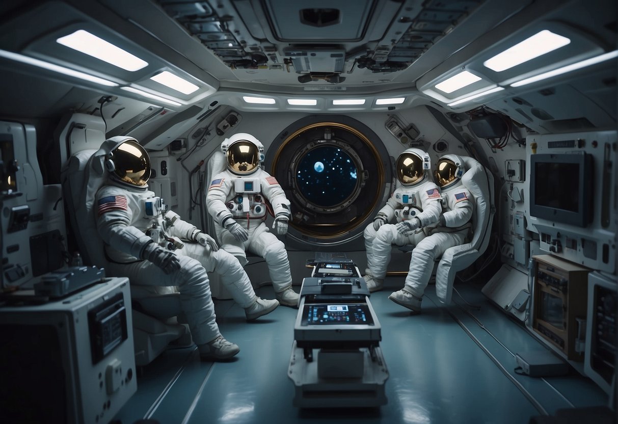 Astronauts float in a space station, surrounded by futuristic art and musical instruments. The weightless environment sparks creativity, inspiring new works of art and music