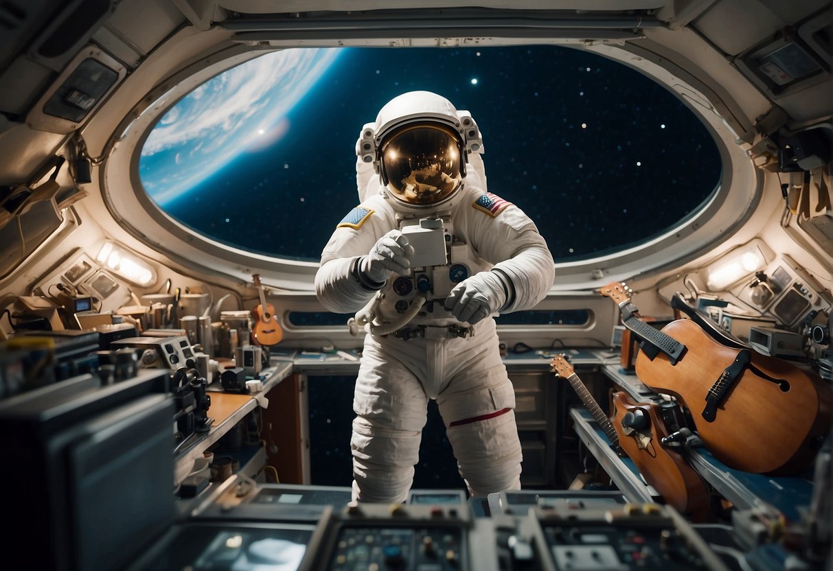 Astronauts float in a space station, surrounded by musical instruments and art supplies. Earth looms in the background, inspiring their creative endeavors