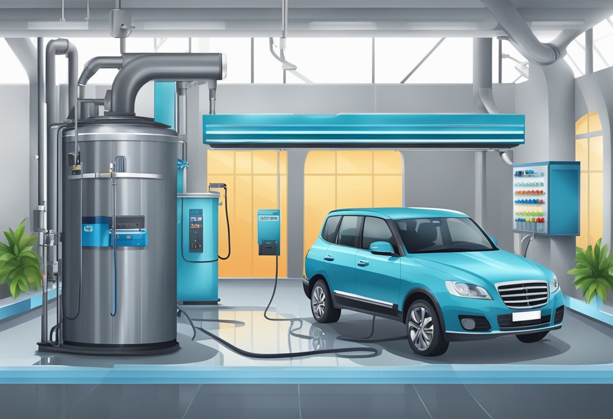 A car wash facility with hot water system and operational equipment