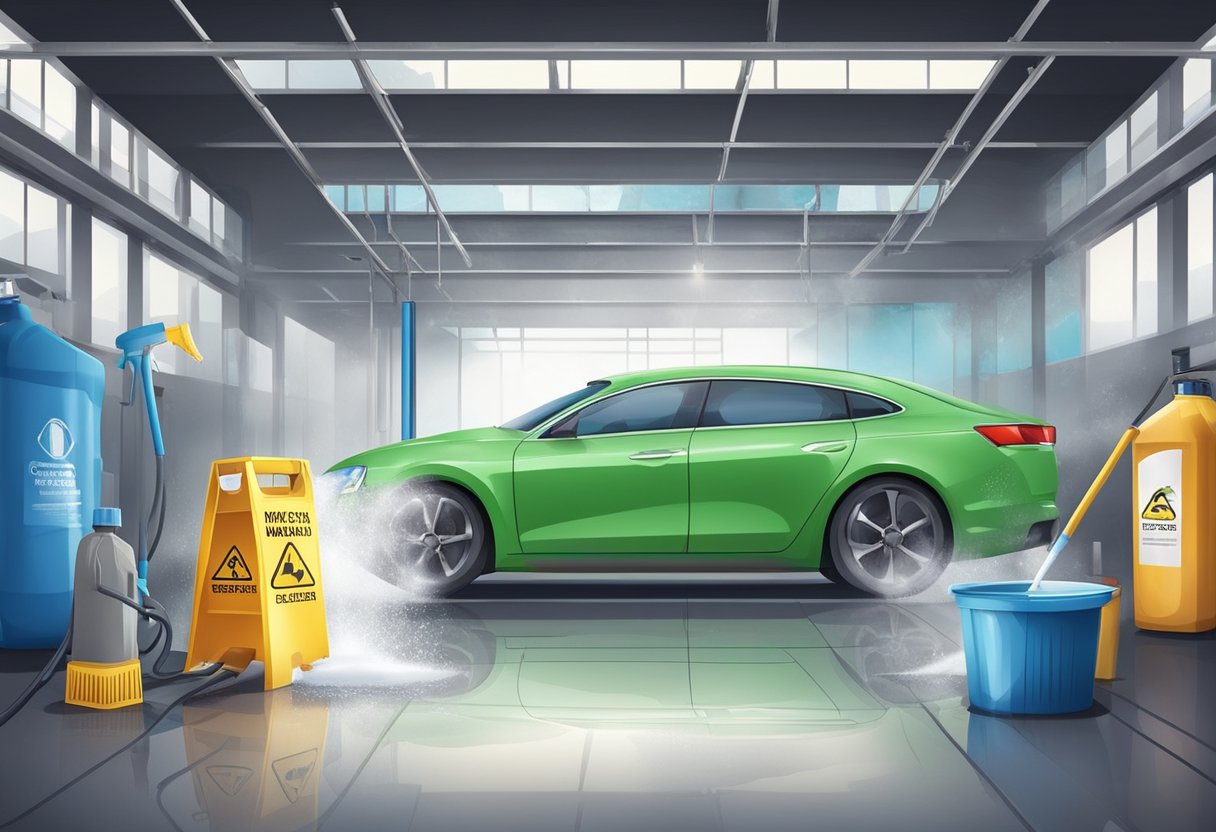 Car wash chemicals and cleaning agents mix with hot water in a large industrial tank