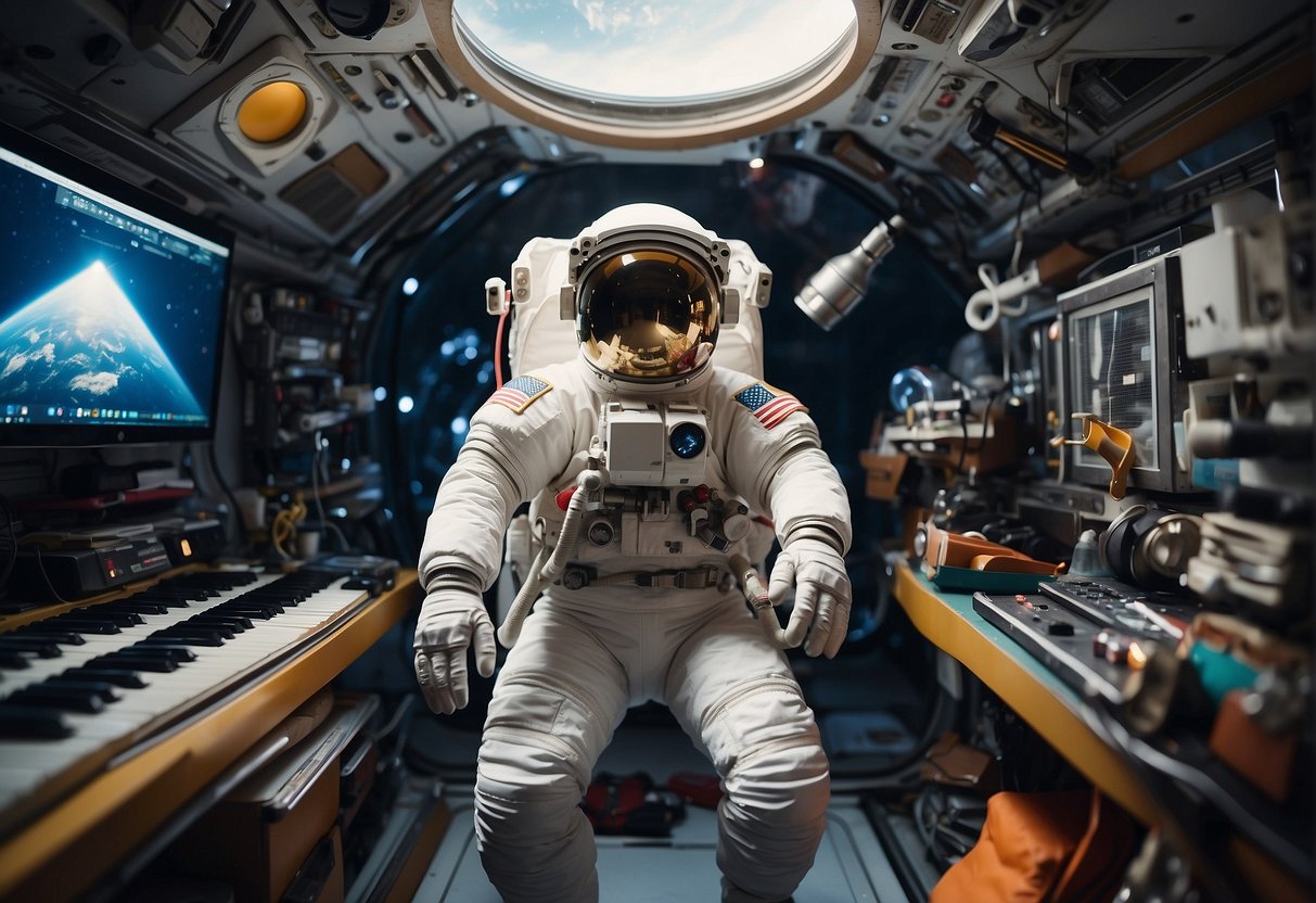 An astronaut floats in a space station, surrounded by musical instruments and art supplies, inspired by the beauty and mystery of space